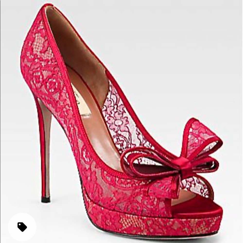 Valentino red lace couture bow pumps sz 40.5